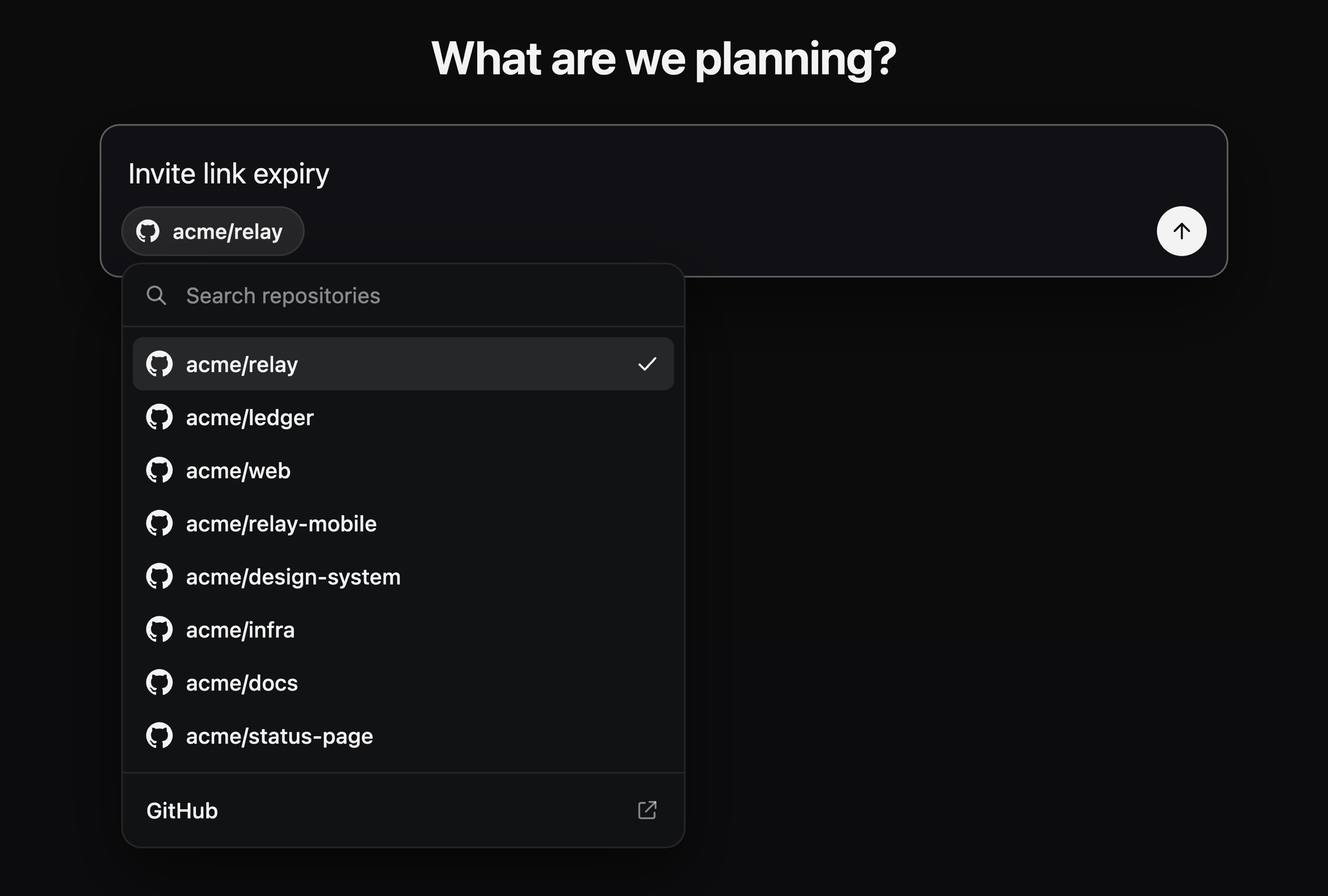 The new-plan composer with its repository picker open on acme's repositories, a search field, and a link to GitHub.